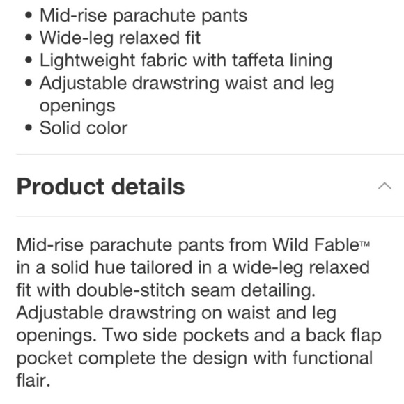 Women's Mid-Rise Wide Leg Parachute
Pants - Wild Fable™ Dark Green XL new - Picture 6 of 7
